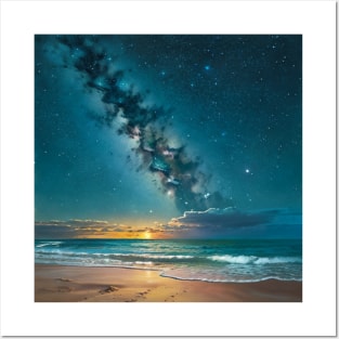 Gentle waves crashing on a starry beach at night Posters and Art